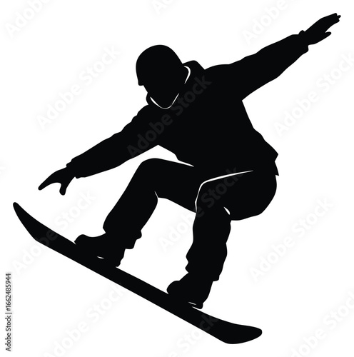 Silhouette of snowboarder performing trick in air against white background illustration