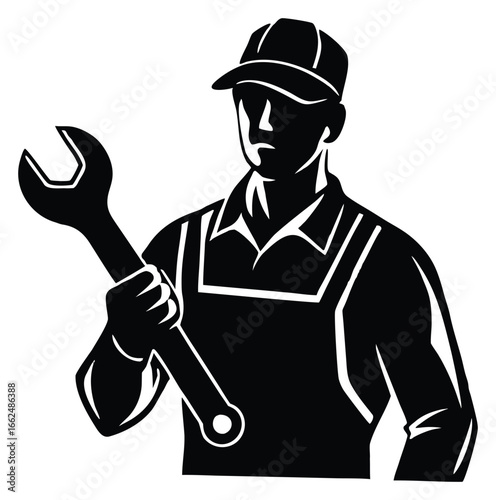 Silhouetted repairman holding wrench illustration for mechanical maintenance and services promotion