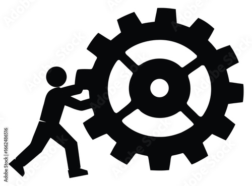 Stick Figure Pushing Big Gear Mechanism Illustration for Teamwork Concept