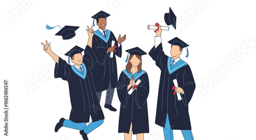 Diverse Graduates Celebrating Academic Achievement in Caps and Gowns, Ideal for Educational Institutions and Graduation Ceremony Promotions