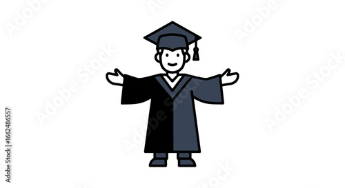 Cheerful Graduate Illustration in Academic Regalia Celebrating Success and Achievement. Ideal for educational resources, graduation announcements, or academic designs.
