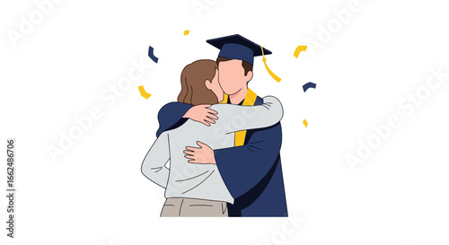 Heartwarming Graduation Celebration Featuring Graduate Hugging a Loved One Under a Shower of Confetti, Perfect for Educational and Achievement related Themes