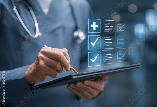 Doctor using digital checklist on tablet
