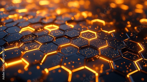 Glowing orange hexagonal grid, abstract digital background