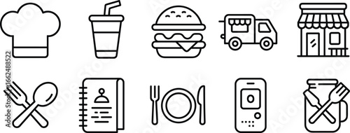 Flat vector illustration of food and restaurant icons, chef hat, burger, drink, food truck, utensils, menu, dining, delivery