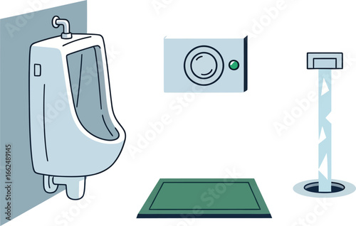 A cartoon illustration of a men's urinal, a wall-mounted fixture, and other bathroom accessories.