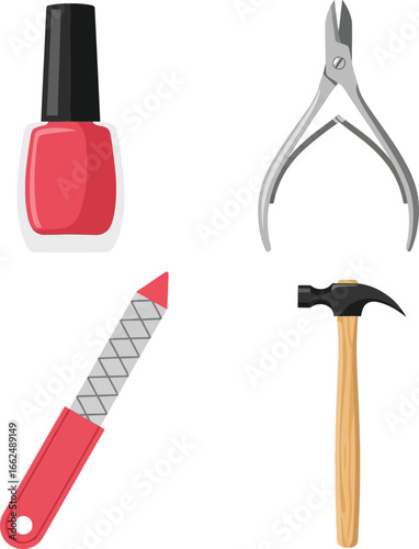 Nail polish bottle, nail clippers, nail file, and hammer; manicure tools displayed.