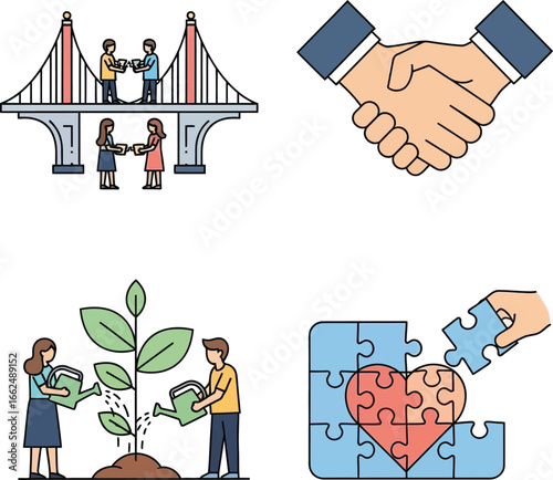 People collaborating on a bridge, shaking hands, nurturing a plant, and completing a puzzle, depicting teamwork and growth.