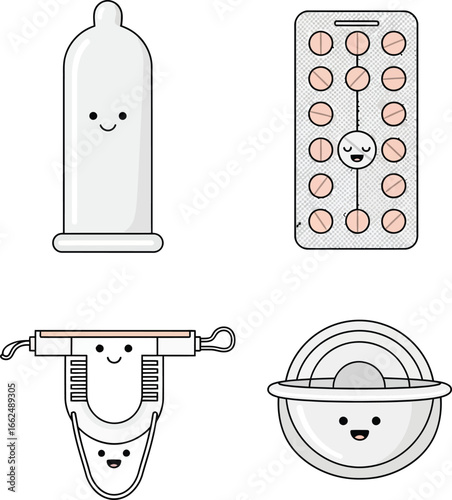 Cartoon illustrations of contraception methods, including condoms, birth control pills, and a diaphragm.