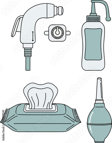 Illustration of hygiene products, including a spray nozzle, antiseptic bottle, wet wipes, and a bulb syringe.