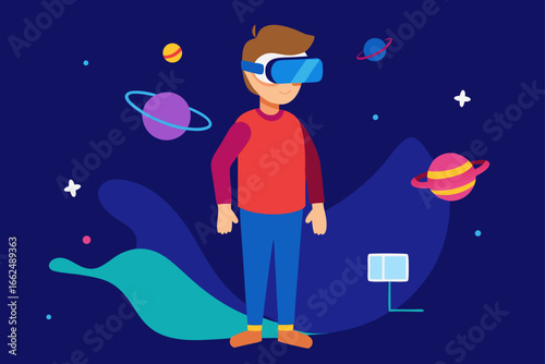 Teenager with VR Headset Exploring Virtual World Concept