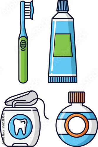 Essential oral hygiene tools: toothbrush, toothpaste, floss, and mouthwash.
