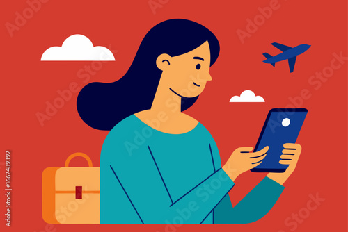 Woman Browsing Travel Websites on Smartphone Illustration