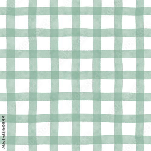 Watercolor hand drawn gingham seamless pattern in green color
