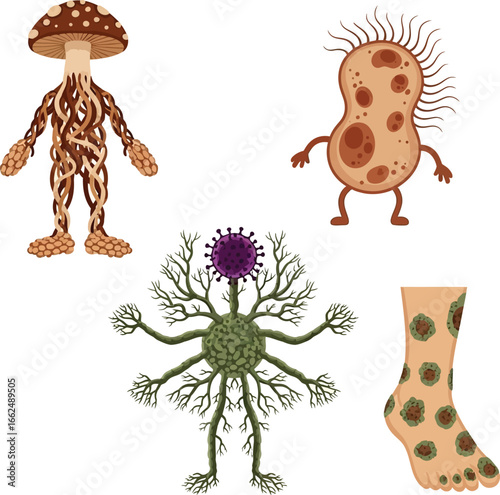 Cartoon illustrations of fungi, microbes, and a virus infecting a human body part.