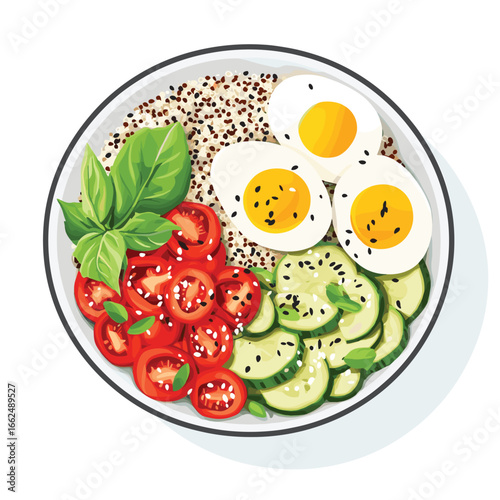 flat vector of a quinoa bowl with vegetables and boiled egg, fitness meal style