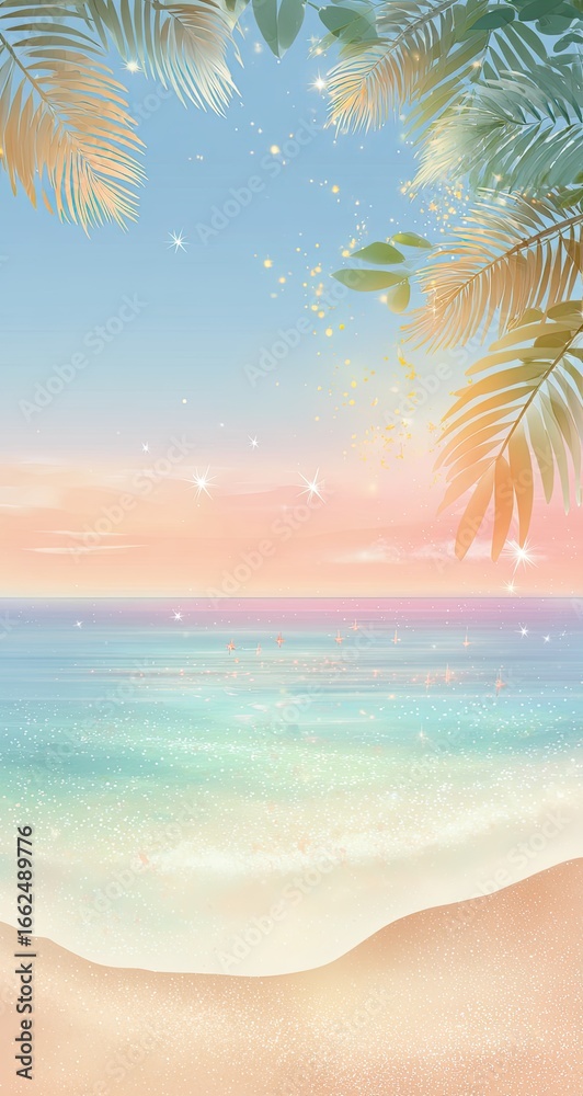 Fototapeta premium Pastel beach scene with palm fronds and soft sunset