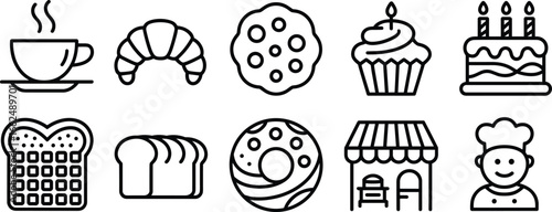 Flat vector illustration of bakery and pastry icons, coffee, croissant, bread, donut, cupcake, cookie, cake, shop, dessert
