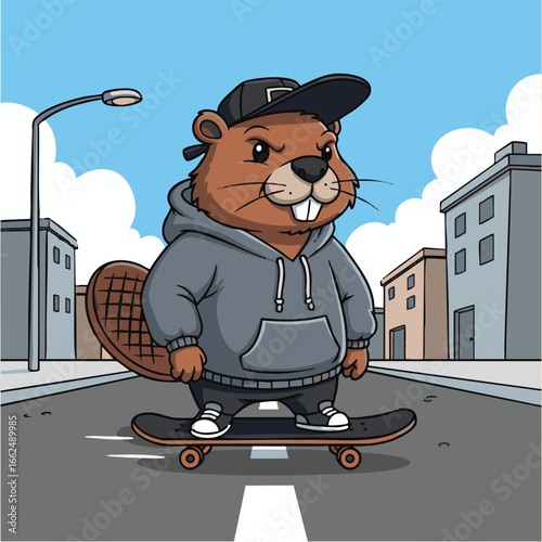 Cool cartoon beaver wearing a hoodie and baseball cap riding a skateboard down a city street