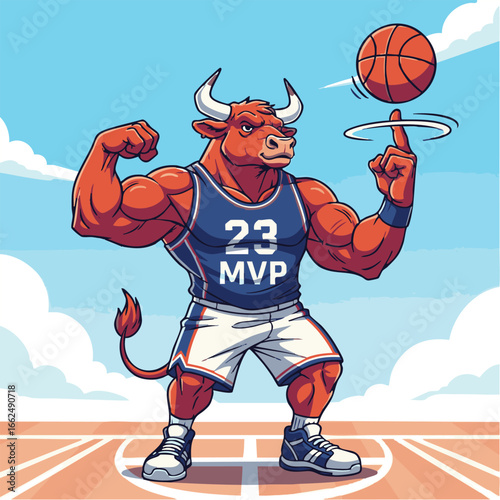 Cartoon Bull Character Spinning Basketball on Finger - Sports Mascot Illustration