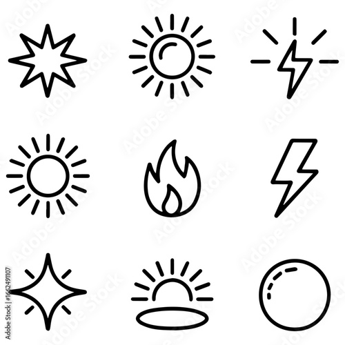 Silhouette Icons of Sun, Fire, Lightning, and Light Effects