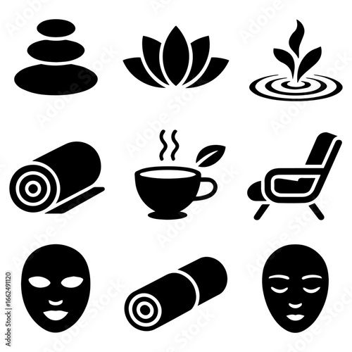 Silhouette Icons for Relaxation and Wellness: Stones, Tea, Yoga