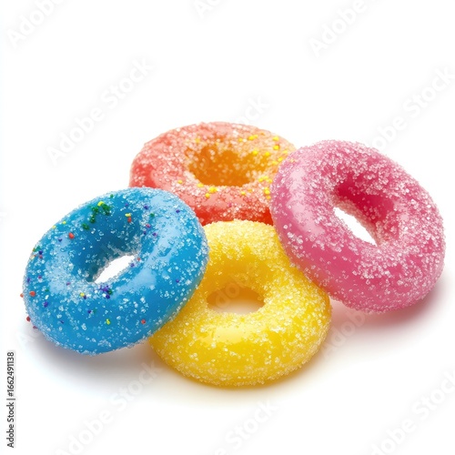 Colorful, sugared, jelly rings, resembling donuts
