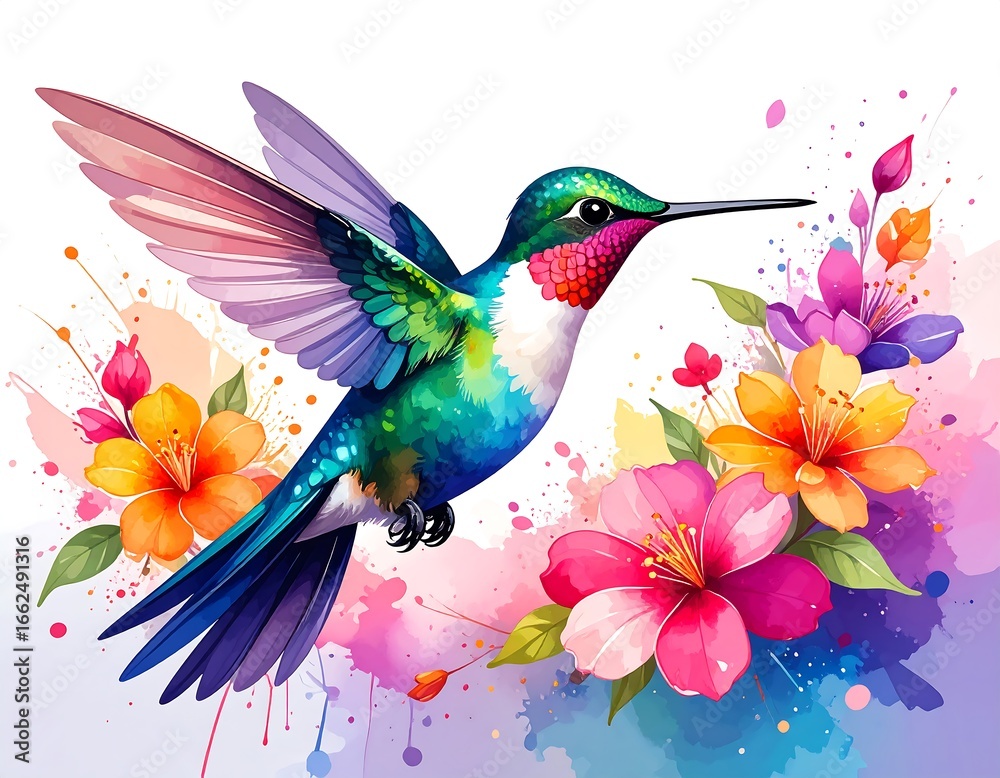 Obraz premium Vibrant hummingbird surrounded by colorful flowers