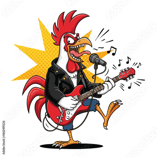 A cartoon rooster rock star in a leather jacket passionately singing and playing an electric guitar