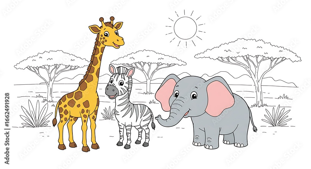 Fototapeta premium Colorful Cartoon Animals in African Savanna Landscape with Sun and Trees