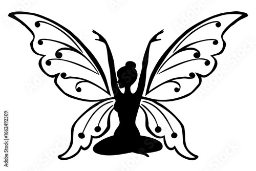 Elegant silhouette of a woman with butterfly wings in a serene yoga pose, symbolizing spiritual transformation and freedom