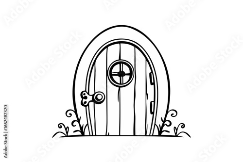 Whimsical door concept an oval wooden entrance with a round window, charmingly detailed in line art. Evokes fantasy, hidden worlds, and imaginative storytelling