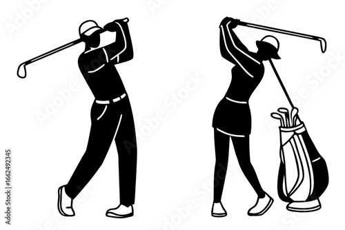 Dynamic black and white vector illustration showcasing male and female golfers executing powerful swings, perfect for sports and leisure designs
