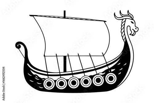 Minimalist black and white line art illustration of a historical Viking longship with a dragon head prow and shields. Ancient Scandinavian drakkar boat