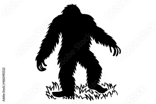 Striking graphic of an enigmatic bipedal creature, a powerful silhouette symbolizing untamed wilderness, ancient legends, and the elusive mystery of the forest