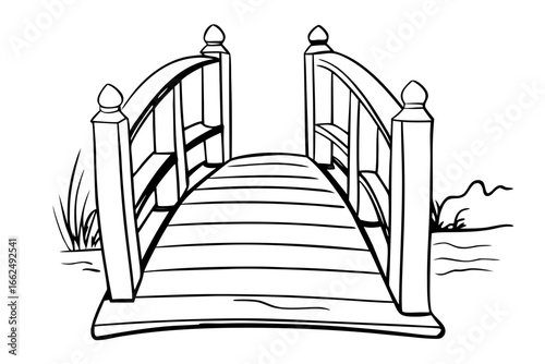 A simple black and white line art illustration of a classic arched wooden footbridge in a garden, representing a peaceful crossing or a pathway to a new destination