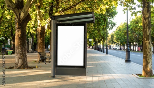 Sunlit Urban Avenue with a Blank Billboard Mockup at a Leafy Bus Stop Shelter.