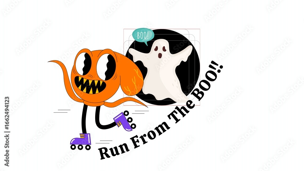 Fototapeta premium halloween cartoon monster on roller skates chased by a ghost