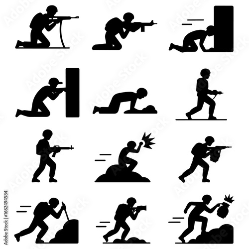 Military Tactics Silhouette Icons Solid Vector Set of Strategy Symbols