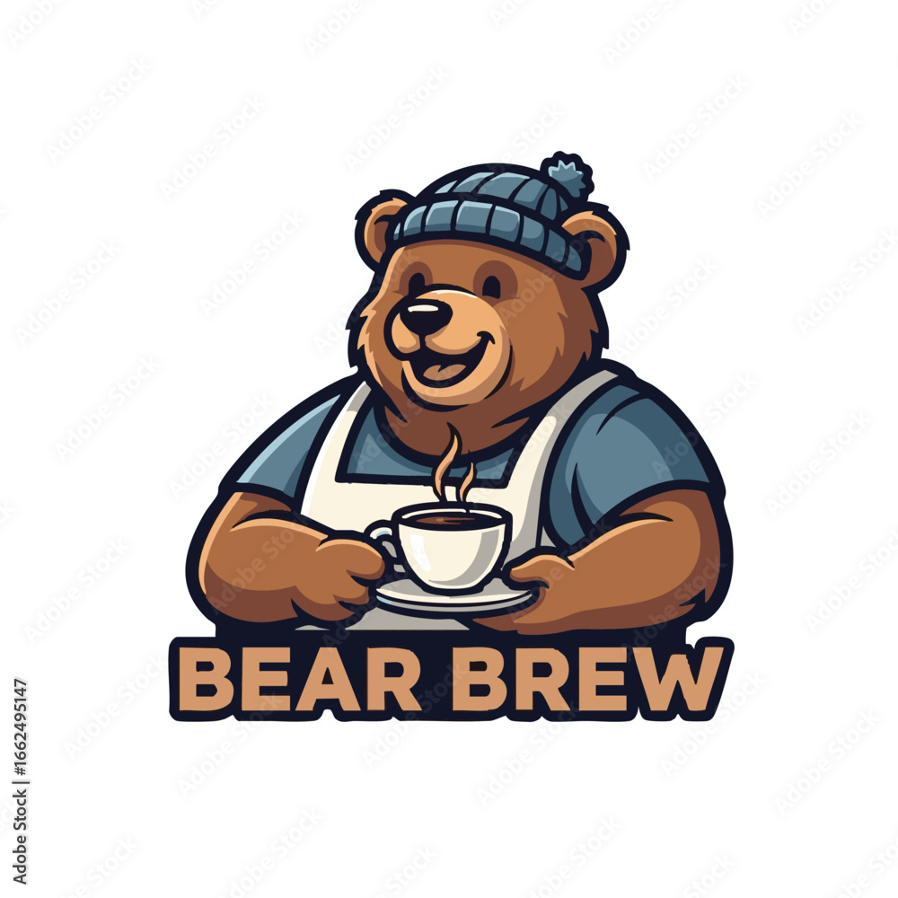 Obraz premium Cheerful cartoon bear mascot wearing a warm beanie and an apron, happily presenting a steaming hot cup of brew, perfect for a cozy coffee shop, cafe, or beverage brand logo design.