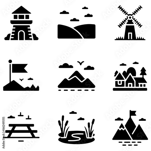 Lookout Tower Icons Solid Vector Set of Observation Towers