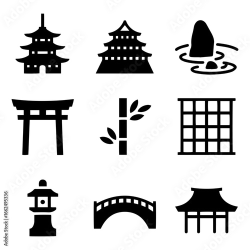 Japanese Architecture Icons – Solid Vector Set of Pagoda, Castle, and Zen Garden
