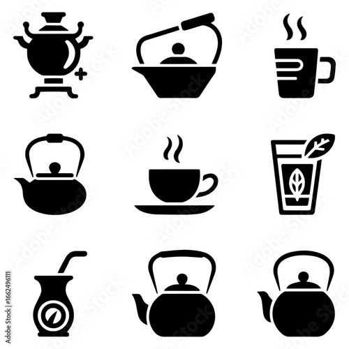 Global Tea Icons – Solid Filled Vector Set of International Tea Styles