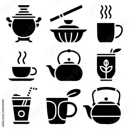 Global Tea Icons – Solid Filled Vector Set of International Tea Styles