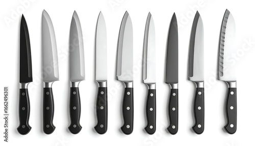 Collection of professional kitchen knives neatly arranged in a row on a white background, showcasing their sharp blades and handles