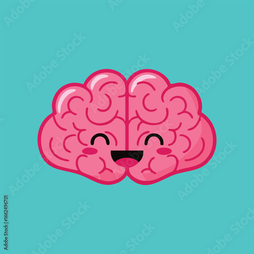 Cute cartoon vector illustration of a cheerful pink brain mascot with a happy smiling face representing intelligence and psychology.