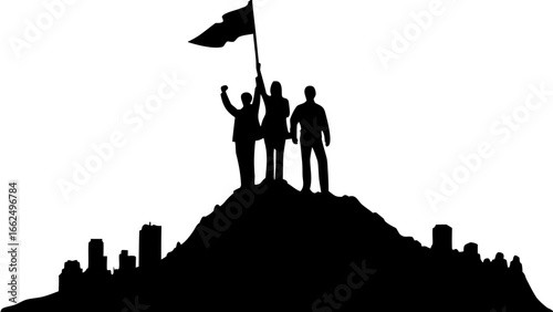 Silhouette of three figures on a mountain peak holding a flag above a city skyline at the bottom