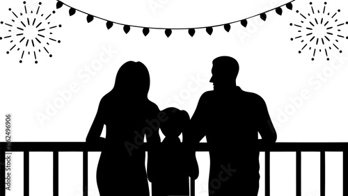 Silhouette of family watching fireworks and decorative lights from a balcony on a festive occasion