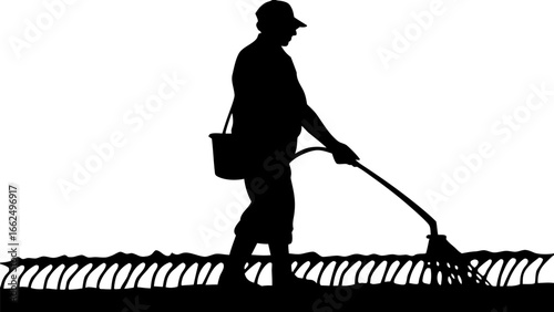 Silhouette of a farmer with a bucket and a tool working in a field with rows of crops or plants