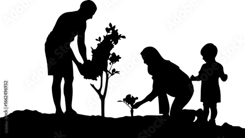Silhouette of a family planting trees together in a garden with a white background on a sunny day